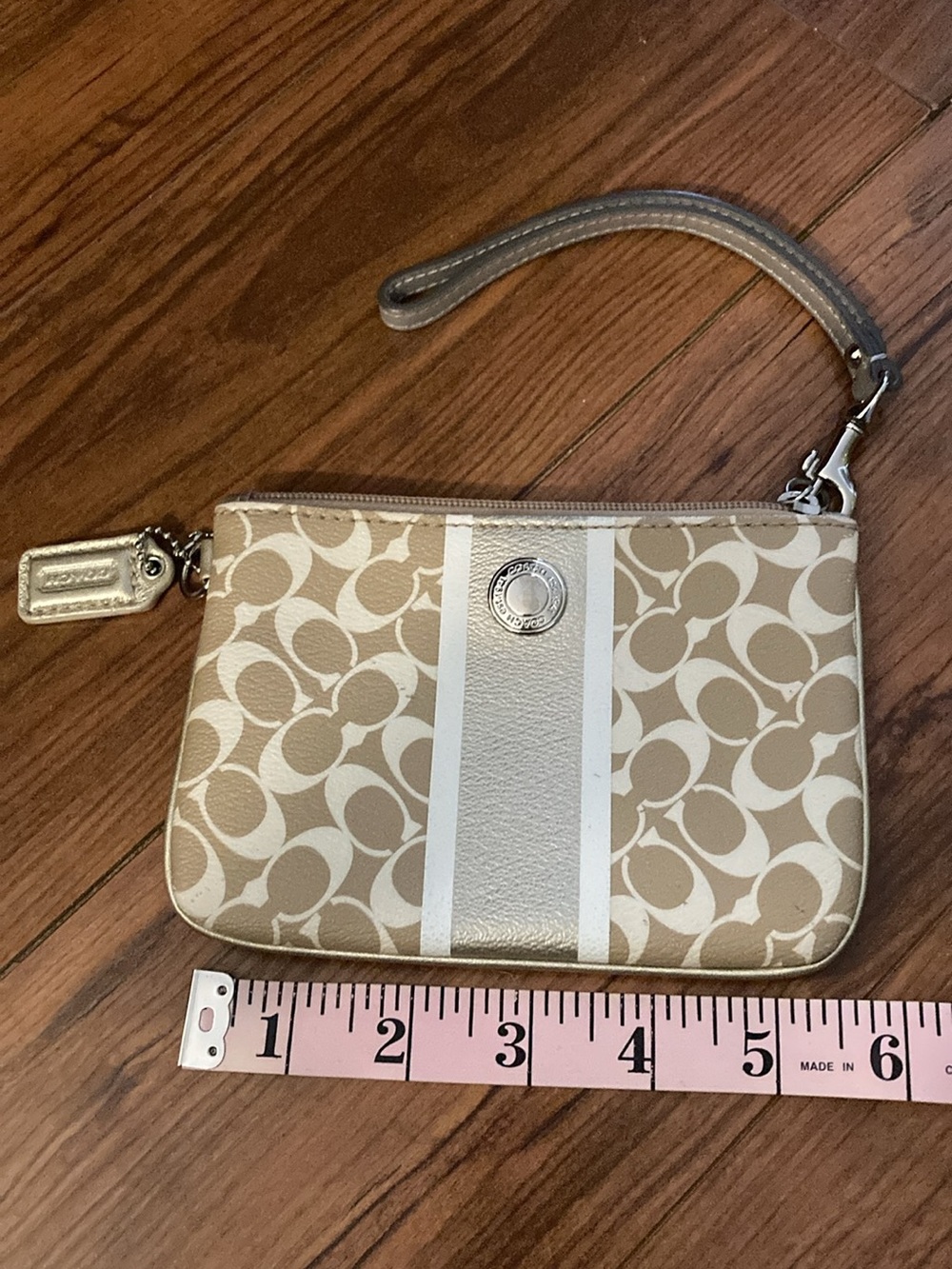 Coach Neutral Signature Stripe Wristlet with White Accent